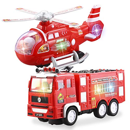 2 Piezas de Vehículo de Juguete, Camión de Bomberos y Helicóptero de Rescate con Luces y Sonidos Impresionantes 4D para Niños