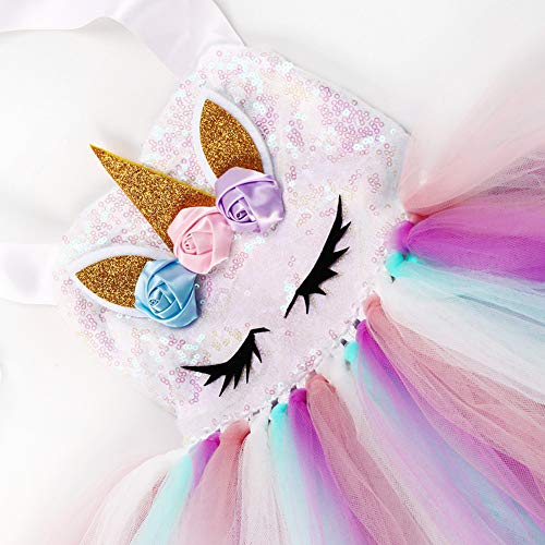 AJEUNGAIN Disfraz Unicornio Niña para Fiesta de Cumpleaños, Lentejuela Disfraz Princesa Unicornio Niña, Disfraz Vestido Unicornio, Vestido Tutú para Niñas de Flores Arcoíris