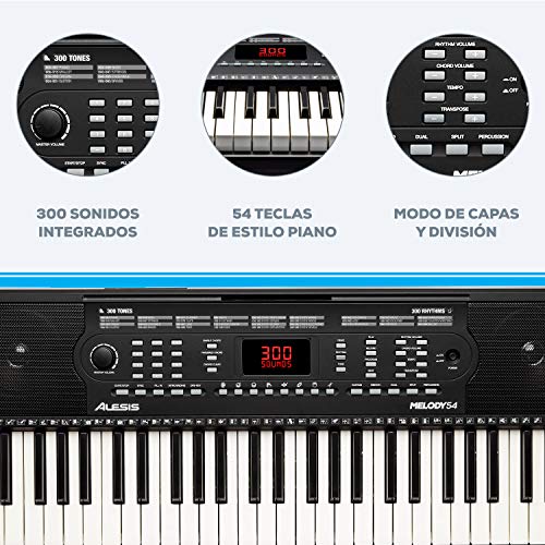 Alesis Melody 54 - Piano eléctrico portátil con teclado de 54 teclas de estilo piano, altavoces integrados, micrófono y atril, 300 sonidos y 300 ritmos, 40 canciones demo, características educativas