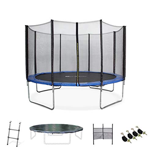 Alice's Garden - Cama elastica, Trampolin de 370 cm, aguanta hasta 150 kg (estructura reforzada). Inluye: escalera + funda protectora + bolsilla para zapatos - SATURNE XXL