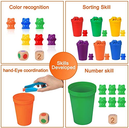Archile Contando Osos Conjunto Montessori Juguete, 71pcs del Arco Iris Contando con los Osos de concordancia de Color clasificación y almacenaje y Tazas de Dados y Pinzas Habilidades matemáticas rega