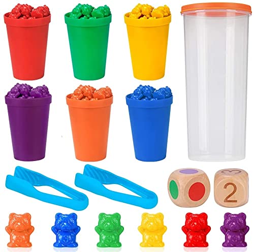 Archile Contando Osos Conjunto Montessori Juguete, 71pcs del Arco Iris Contando con los Osos de concordancia de Color clasificación y almacenaje y Tazas de Dados y Pinzas Habilidades matemáticas rega