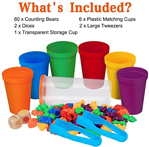 Archile Contando Osos Conjunto Montessori Juguete, 71pcs del Arco Iris Contando con los Osos de concordancia de Color clasificación y almacenaje y Tazas de Dados y Pinzas Habilidades matemáticas rega
