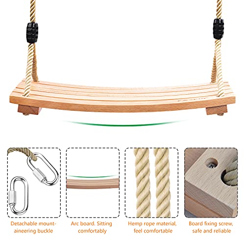 Asiento de Columpio de Madera con Cuerda de cáñamo Ajustable, Columpio de árbol para niños y Adultos, Juego de Columpio de Cuerda para Juegos de jardín al Aire Libre en Interiores (17.7Lx9.8W)
