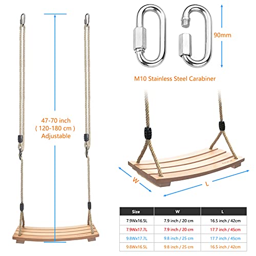 Asiento de Columpio de Madera con Cuerda de cáñamo Ajustable, Columpio de árbol para niños y Adultos, Juego de Columpio de Cuerda para Juegos de jardín al Aire Libre en Interiores (17.7Lx9.8W)