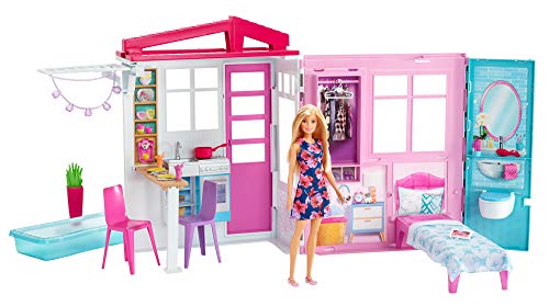 Barbie - Casa amueblada pleglable con cocina, piscina, dormitorio y lavabo con muñeca rubia (Mattel FXG55), Embalaje estándar