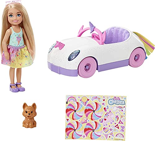 Barbie Chelsea con coche, muñeca con vehículo de juguete, mascota, pegatinas y accesorios de juguete (Mattel GXT41)