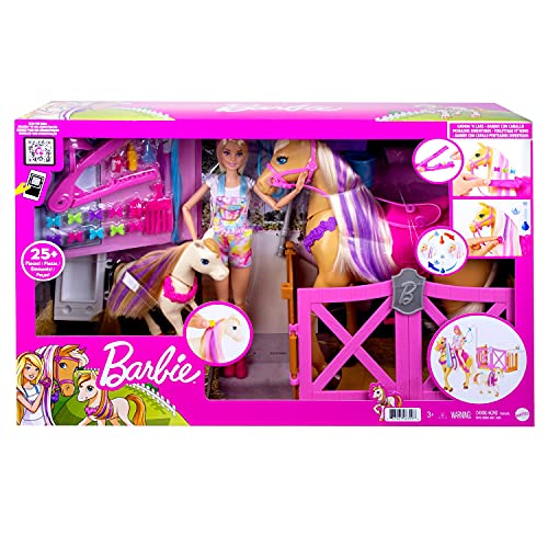 Barbie con caballo y poni Muñeca rubia con animales de juguete y accesorios de establo y para peinar al caballo Mattel GXV77