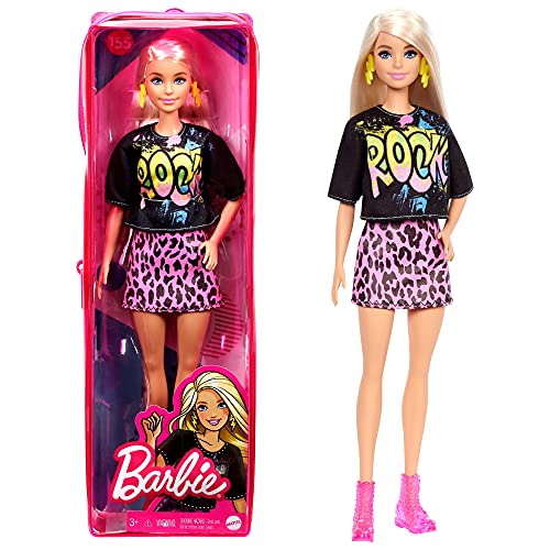 Barbie Fashionista Muñeca rubia con camiseta rock, falda de guepardo y accesorios de moda (Mattel GRB47)