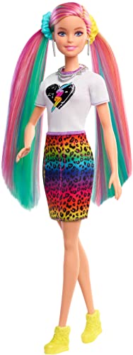Barbie Pelo Arcoiris Muñeca rubia con falda de guepardo y accesorios de moda y para el pelo de juguete (Mattel GRN81)