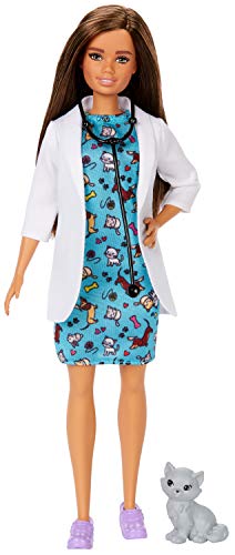 Barbie Quiero Ser muñeca veterinaria morena con bata médica, y gatito como paciente (Mattel GJL63)