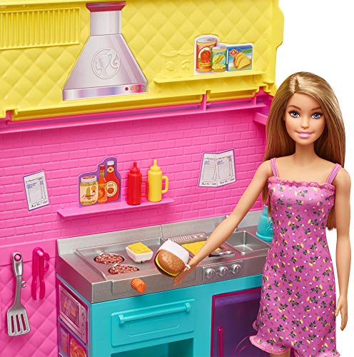Barbie- Restaurante Hermanas Incluye 3 MUÑECAS Y MAS DE 30 Accesorios, Multicolor (Mattel GWJ58)