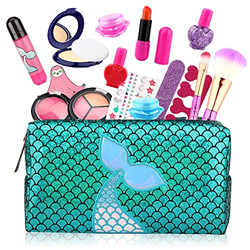 Baztoy Maquillaje para Niñas, 17pcs Juguetes Niños Set Maquillaje Infantil Lavable con Bolso, Pintalabios, Kit Esmalte Uñas para Princesa 3 4 5 6 7 8 9 10 años Juegos Regalo Cumpleaños Fiesta Navidad