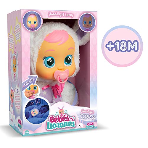 Bebés Llorones Buenas Noches Coney - Muñeca interactiva que llora de verdad con chupete y pijama de Conejito
