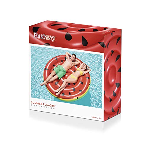 BESTWAY 43140 - Isla Hinchable Diseño Sandía Φ188 cm Vinilo Rojo y Verde con Cuerda de Agarre, Válvulas de Seguridad, Agarraderas y Parche de Reparación Incluido