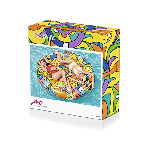 BESTWAY 43195 - Isla Hinchable Pop Art Ø188 cm Diseño Multicolor Años 50 con Cuerda de Agarre, Válvulas de Seguridad, Agarraderas y Parche de Reparación Incluido