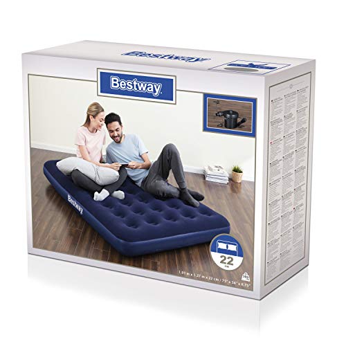 BESTWAY 67287 - Colchón Hinchable Doble 191x137x22 cm con un Inflador Eléctrico Incluido, Superficie Flocada para Interior / Exterior con Bolsa de Transporte