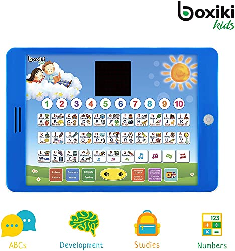 Boxiki kids Tablet Educativa de Juguete Bilingüe Español-Inglés Pantalla LCD por Pad Toca y Enseña para niños aprendiendo Español e Inglés. Juegos ABC, Deletreo, Juegos, Melodias Divertidas