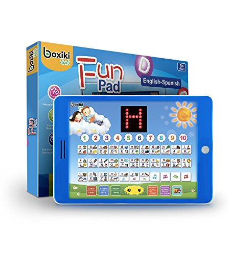 Boxiki kids Tablet Educativa de Juguete Bilingüe Español-Inglés Pantalla LCD por Pad Toca y Enseña para niños aprendiendo Español e Inglés. Juegos ABC, Deletreo, Juegos, Melodias Divertidas