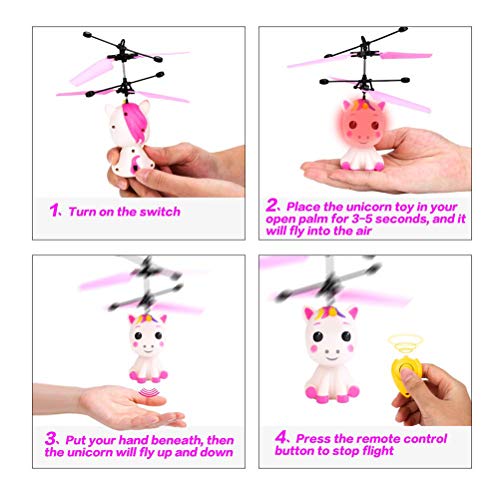 BUNRUN Juguete de Unicornio Volador con luz LED Juguete de helicóptero de Unicornio controlado a Mano