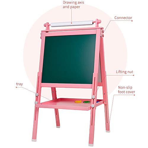 Caballete para niños, 3 en 1, pizarra blanca de doble cara y pizarra de tiza con eje y rollo de papel, números, vaso para colorear para niños pequeños y niños (rosa)