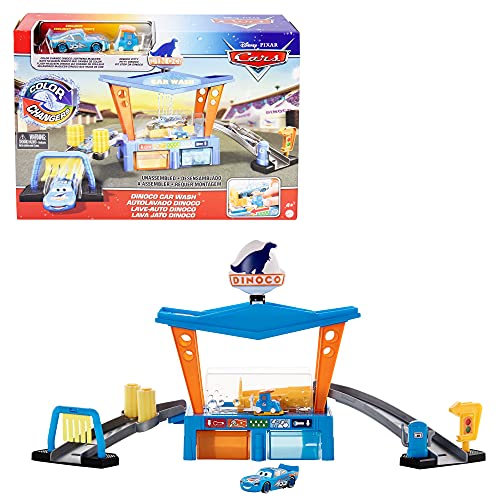 Cars Autolavado Dinoco, incluye dos coches de juguete, vehículo cambia de color (Mattel GTK91)