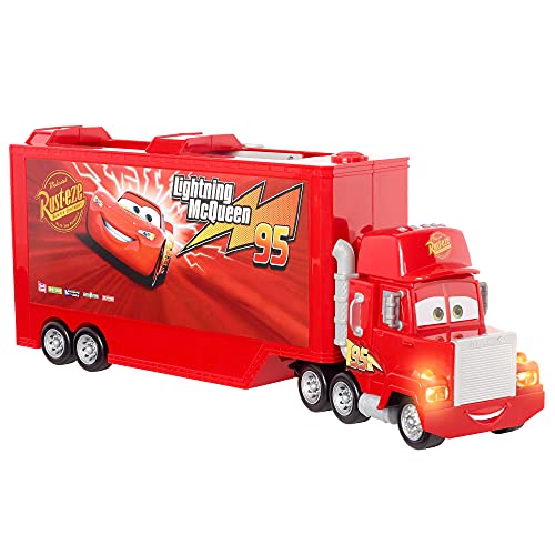 Cars Camión Mack Track Talkers Coche de juguete con sonidos, almacena 2 vehículos, juguete para niños +3 años (Mattel GYK60)