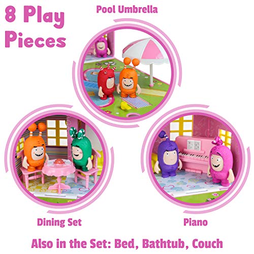 Casita Infantil Oddbods Rosa y Amarilla para Chicas - Incluye Espacios Interiores y Exteriores con Muebles y 7 Figuras con Detalles, para Mayores de 3 Años