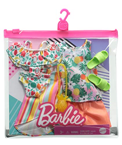 CDU Barbie y Ken Pack 2 Looks de Moda Tropical: Camiseta, Shorts, bañador, Pareo y Accesorios de Juguete (Mattel GRC96)