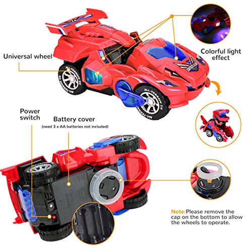 CestMall Coche de Dinosaurio Transformador con luz LED Música, Juguetes de Dinosaurio Coche con batería Rueda Universal Flexible Dinosaurio LED Coche para niños Juguetes para Regalos de cumpleaños