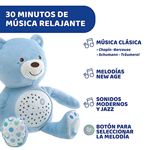 Chicco Baby Bear Oso Primeros Sueños de Peluche, Osito Proyector de Luces con Efectos Luminosos, Melodías Relajantes y Luz de Noche – Peluche para Bebés Recién Nacidos, Color Azul