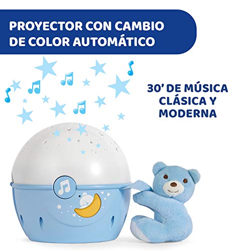 Chicco Next2Stars Luz de Noche Bebé con Peluche - Proyector con Luz de Estrellas para Cunas y Colechos, con Sensor de Sonido, 3 Efectos de Luz y Música 0+ Meses, Azul