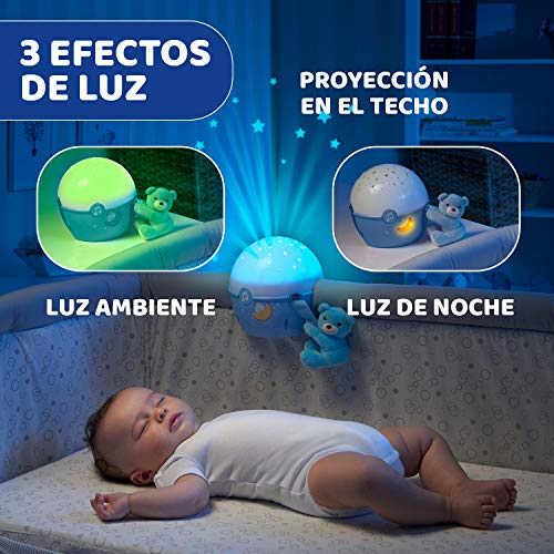 Chicco Next2Stars Luz de Noche Bebé con Peluche - Proyector con Luz de Estrellas para Cunas y Colechos, con Sensor de Sonido, 3 Efectos de Luz y Música 0+ Meses, Azul