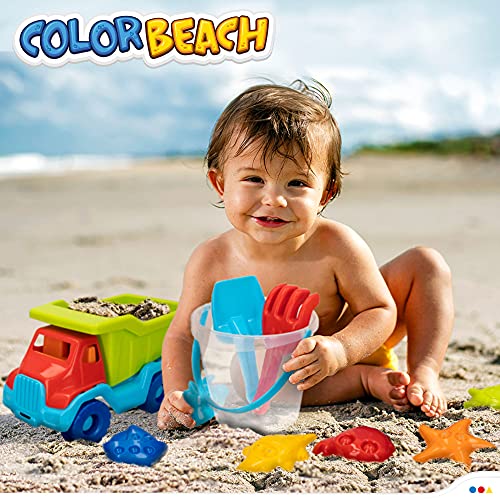 ColorBaby - Juguetes de playa para niños, bolsa juguetes playa, cubo arena, diámetro 18 cm, cedazo, pala, rastrillo, regadera, camión, moldes arena, +18mese (49273)