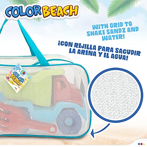 ColorBaby - Juguetes de playa para niños, bolsa juguetes playa, cubo arena, diámetro 18 cm, cedazo, pala, rastrillo, regadera, camión, moldes arena, +18mese (49273)