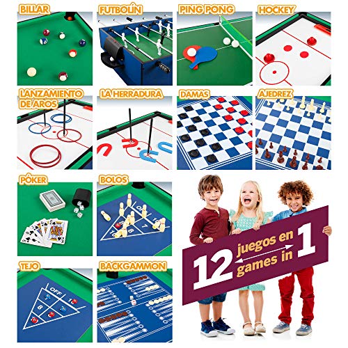 COLORBABY - Mesa multijuegos, Futbolín de madera, Mesa billar convertible, 12 juegos, Juguetes para adultos y niños a aprtir de 6 años