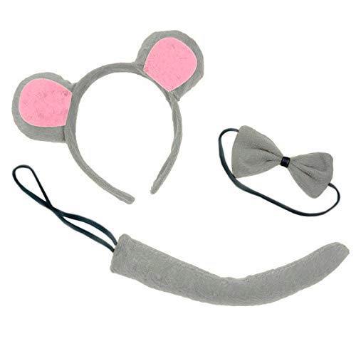 Conjunto de Ratón Gris (3 Piezas) Diadema + Pajarita + Cola - Animales Carnaval