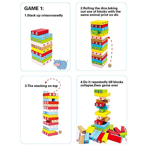 Coriver Animal Toys Tumble Tower Juego de apilamiento de colores con tarjetas de dados, bloques de construcción de madera Jenga, juguetes educativos de aprendizaje para niños pequeños, juego de fiesta