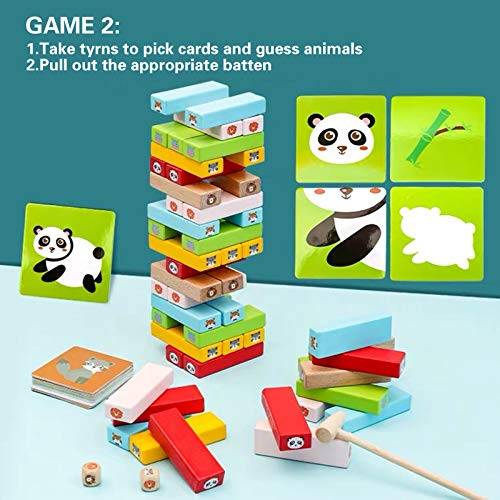 Coriver Animal Toys Tumble Tower Juego de apilamiento de colores con tarjetas de dados, bloques de construcción de madera Jenga, juguetes educativos de aprendizaje para niños pequeños, juego de fiesta