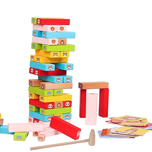 Coriver Animal Toys Tumble Tower Juego de apilamiento de colores con tarjetas de dados, bloques de construcción de madera Jenga, juguetes educativos de aprendizaje para niños pequeños, juego de fiesta