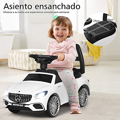COSTWAY Coche Infantil Vehículo Juguete para Niños con LED,Música y Bocina Coche de Empuje con Compartimento para Niños de 18-36 Meses (Blanco)