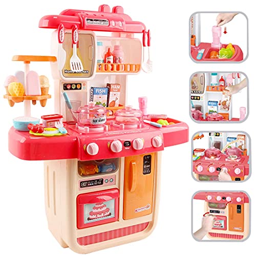 deAO Cocinita Mi Pequeño Chef con Características de Sonidos, Luces y Agua Cocina de Juguete Incluye 34 Accesorios (Rosa)