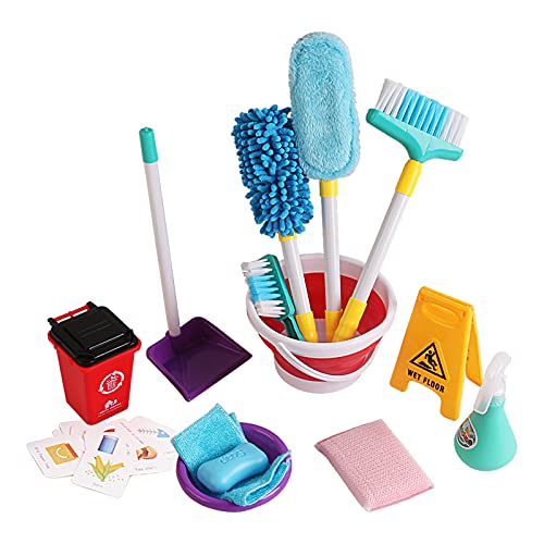 deAO Juguete de Limpieza para el Hogar con Escoba, Cubo, Fregona, Jabón, Recogedor, Tarjetas de Clasificación y más Accesorios Incluidos – Juego Infantil Muy Divertido
