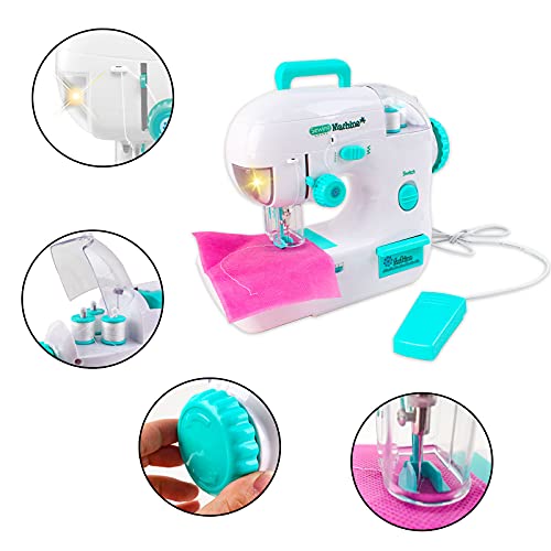 deAO 'Mi Primera Máquina de Coser' Juguete Infantil con Funciones Realistas, Luz, Pedal y Accesorios Incluidos Conjunto Kit de Manualidad Infantil Diseño Textil DIY