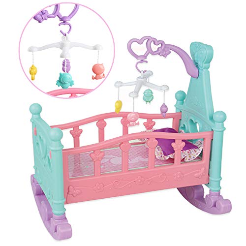 deAO Mi Primera Muñeca Bebé Conjunto Incluye Muñeca de 14” con Pijama, Cuna con Móvil y Ropa de Cama, Trona, Sonajero, Orinal y Más Accesorios (Multicolor 2)