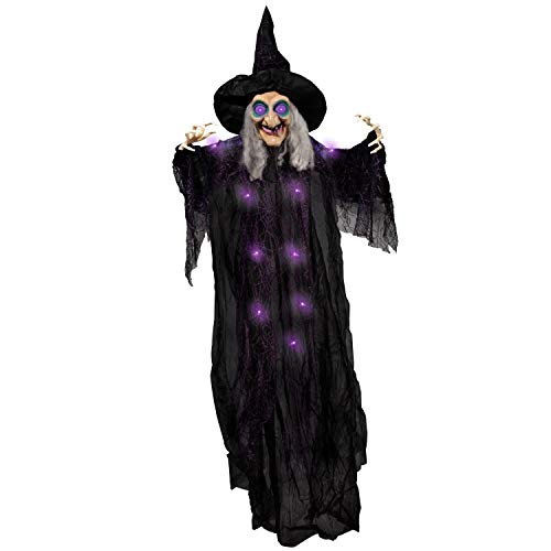 Decoración de Bruja Parlante Colgante de 183 cm (Verde) con Ojos Iluminados y Función de Activación de Sonido para Decoración de Casa Encantada de Halloween