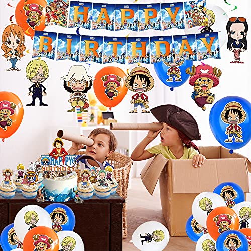 Decoración de Cumpleaños One Piece Globos Pancarta de Feliz Cumpleaños Decoracion Tarta Adornos de Remolinos Colgantes para Niños Anime Artículos de Fiesta de Cumpleaños Temáticos