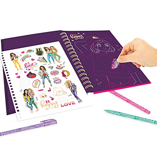 Depesche-DP-0011484 TOPModel Neon Doodle - Libro para Colorear (30 páginas con líneas Fluorescentes en Papel Oscuro, Incluye Pegatinas y 3 bolígrafos de Gel neón), Color carbón (11484)