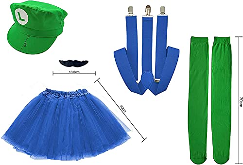 Disfraz de Super Mario Luigi, Gorra de fontanero Barba Negro Tirante Falda Calcetines, Traje Conjunto Classic para Mujer Carnaval y Cosplay, Color Verde