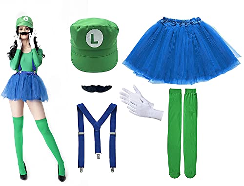 Disfraz de Super Mario Luigi, Gorra de fontanero Barba Negro Tirante Falda Calcetines, Traje Conjunto Classic para Mujer Carnaval y Cosplay, Color Verde